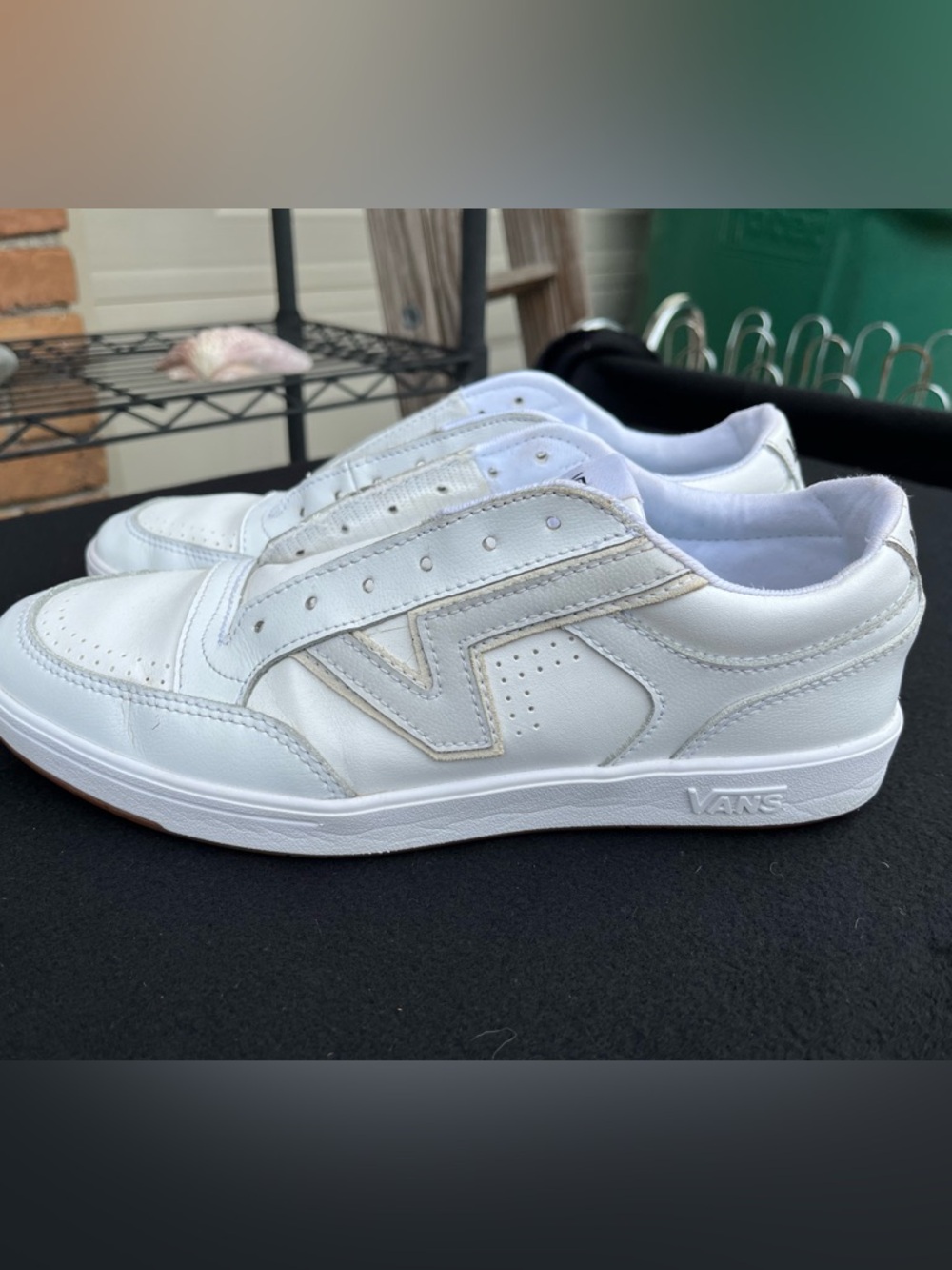 Vans White Leather Slip-On Sneakers with Teal Accents